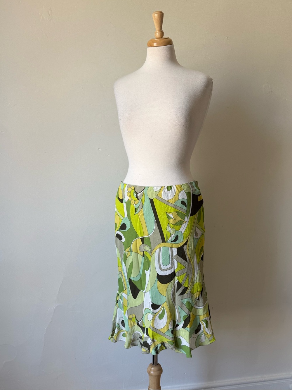 Steilmann Abstract Print Viscose Bias Midi Skirt Green Retro Pucci Style
